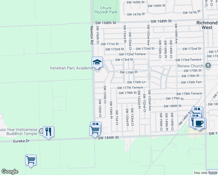 map of restaurants, bars, coffee shops, grocery stores, and more near 15450 Southwest 176th Lane in Miami