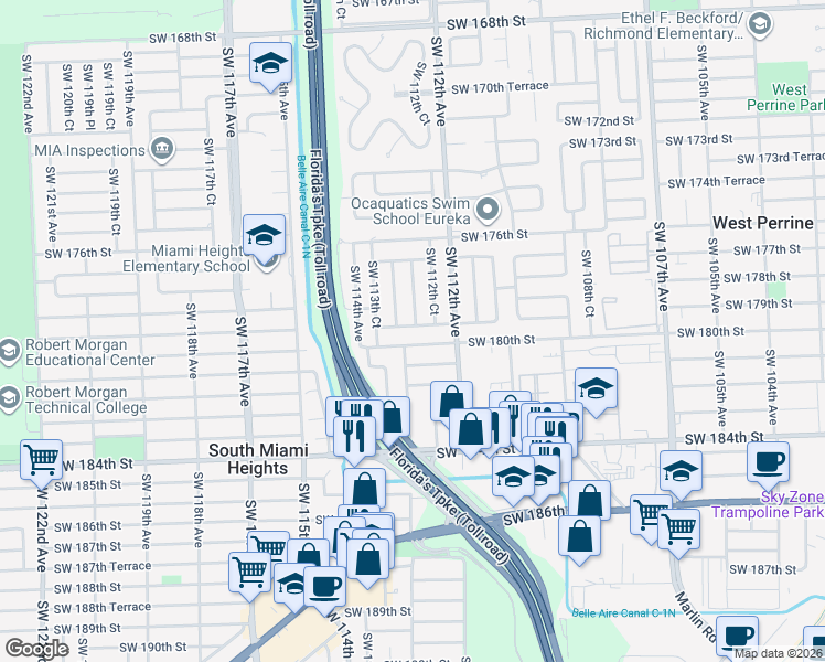 map of restaurants, bars, coffee shops, grocery stores, and more near 11270 Southwest 179th Street in Miami