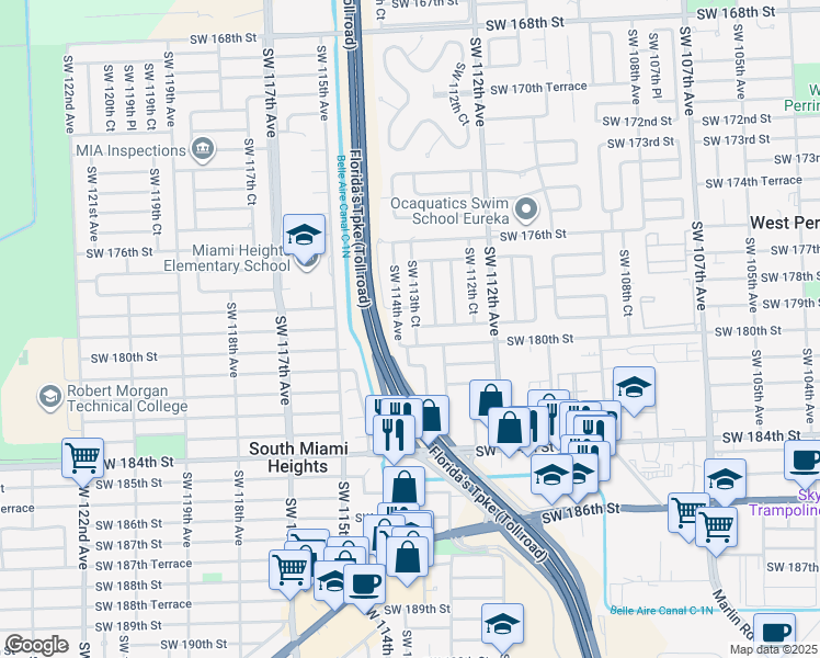 map of restaurants, bars, coffee shops, grocery stores, and more near 17900 Southwest 113th Court in Miami