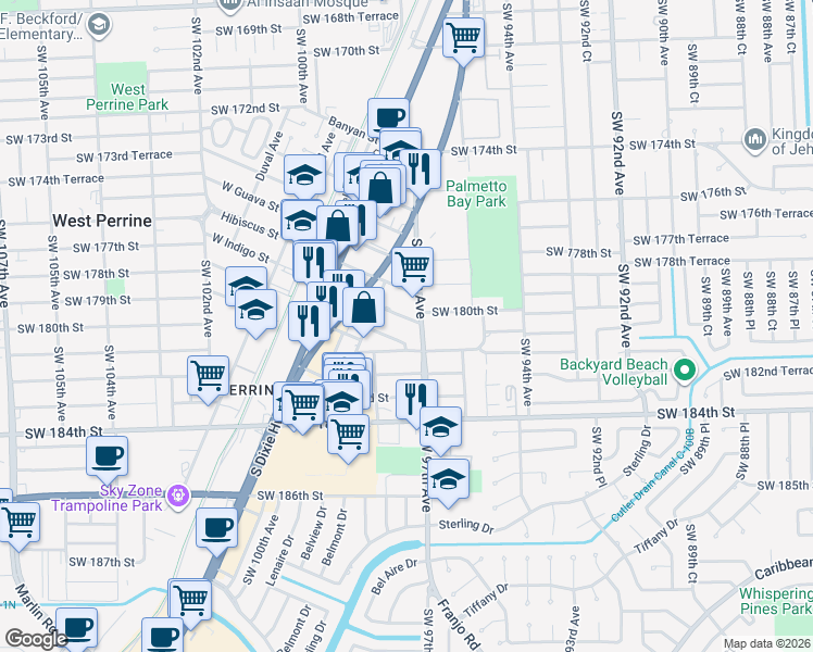 map of restaurants, bars, coffee shops, grocery stores, and more near 9710 East Indigo Street in Palmetto Bay