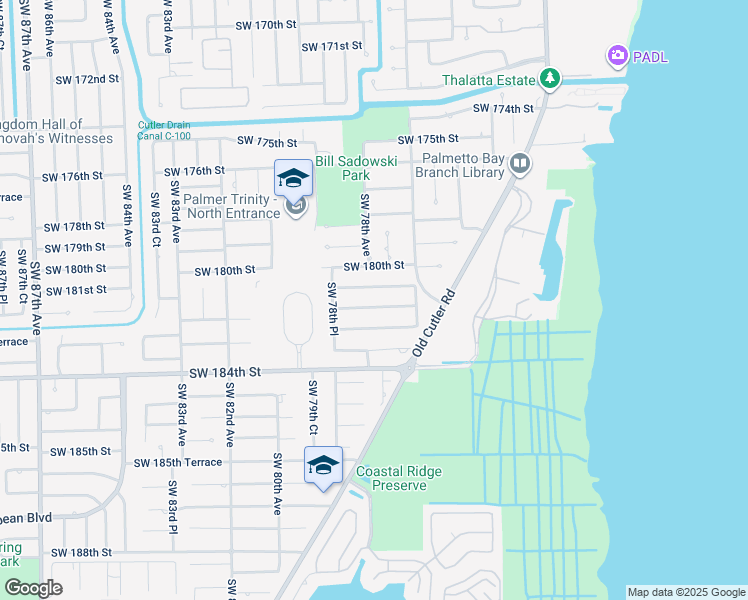 map of restaurants, bars, coffee shops, grocery stores, and more near 7801 Southwest 181st Terrace in Palmetto Bay
