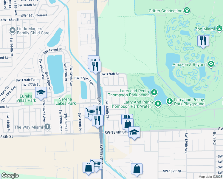map of restaurants, bars, coffee shops, grocery stores, and more near 13601 Southwest 178th Street in Miami