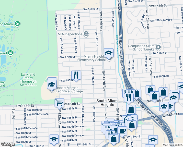map of restaurants, bars, coffee shops, grocery stores, and more near 11801 Southwest 179th Terrace in Miami