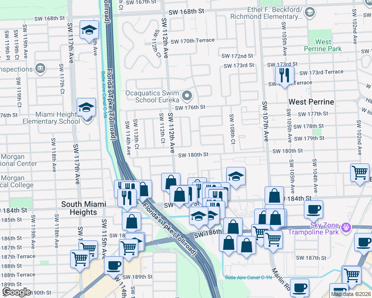 map of restaurants, bars, coffee shops, grocery stores, and more near 11060 Southwest 179th Street in Miami