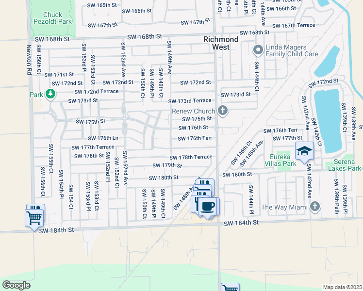 map of restaurants, bars, coffee shops, grocery stores, and more near 14851 Southwest 177th Terrace in Miami