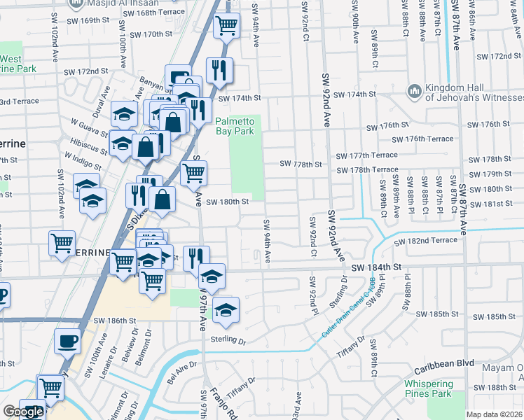 map of restaurants, bars, coffee shops, grocery stores, and more near 9401 Southwest 181st Street in Palmetto Bay