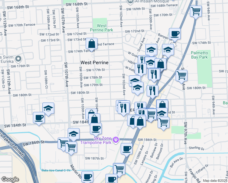 map of restaurants, bars, coffee shops, grocery stores, and more near 10274 Southwest 180th Street in Miami