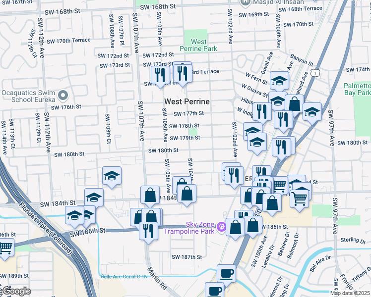 map of restaurants, bars, coffee shops, grocery stores, and more near in West Perrine