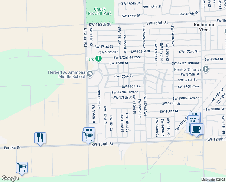 map of restaurants, bars, coffee shops, grocery stores, and more near 15392 Southwest 177th Terrace in Miami