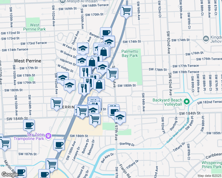 map of restaurants, bars, coffee shops, grocery stores, and more near 9710 East Indigo Street in Palmetto Bay