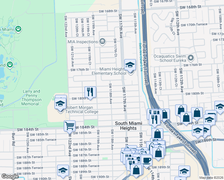 map of restaurants, bars, coffee shops, grocery stores, and more near 11801 Southwest 179th Terrace in Miami
