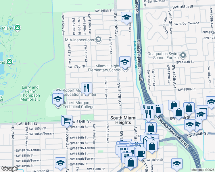 map of restaurants, bars, coffee shops, grocery stores, and more near 11801 Southwest 179th Terrace in Miami
