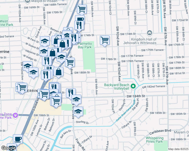 map of restaurants, bars, coffee shops, grocery stores, and more near 9401 Southwest 181st Street in Palmetto Bay