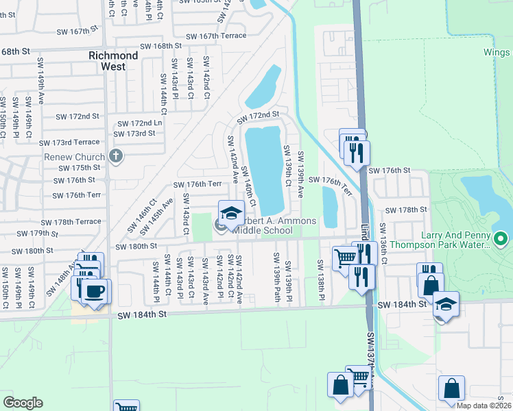 map of restaurants, bars, coffee shops, grocery stores, and more near 17767 Southwest 140th Court in Miami