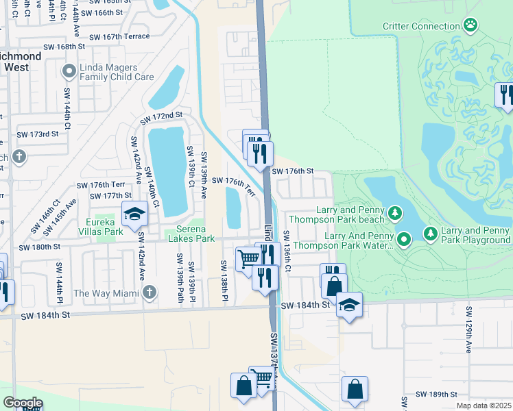 map of restaurants, bars, coffee shops, grocery stores, and more near 17853 Southwest 137th Place in Miami