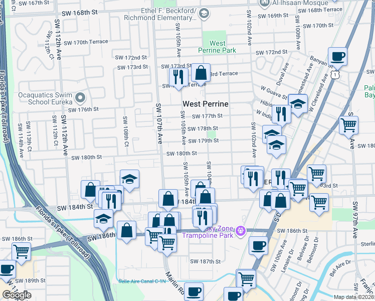 map of restaurants, bars, coffee shops, grocery stores, and more near 10480 Southwest 180th Street in Miami