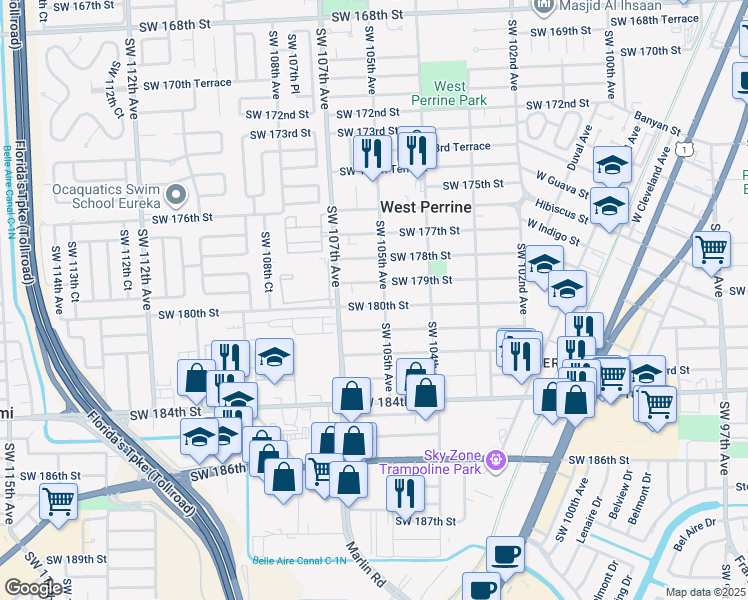 map of restaurants, bars, coffee shops, grocery stores, and more near 10480 Southwest 180th Street in Miami