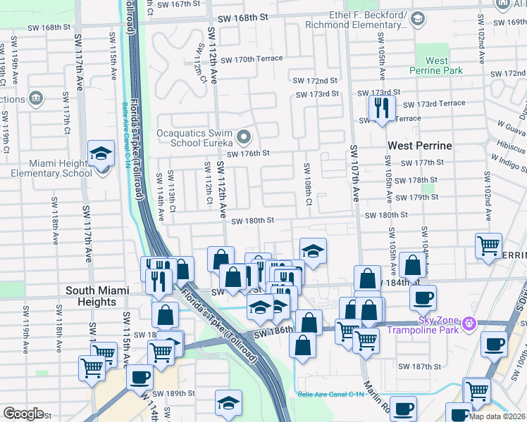 map of restaurants, bars, coffee shops, grocery stores, and more near 10961 Southwest 180th Street in Miami