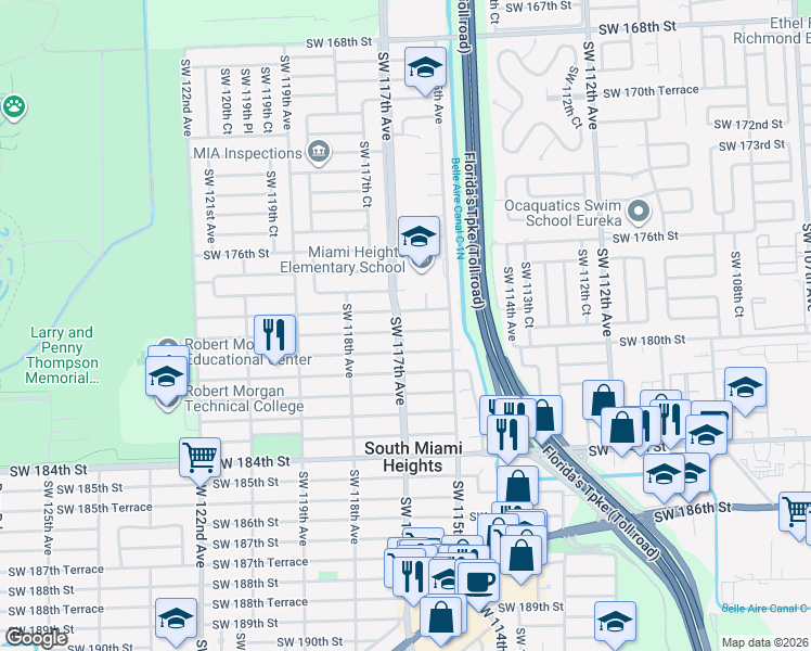 map of restaurants, bars, coffee shops, grocery stores, and more near 11610 Southwest 179th Terrace in Miami