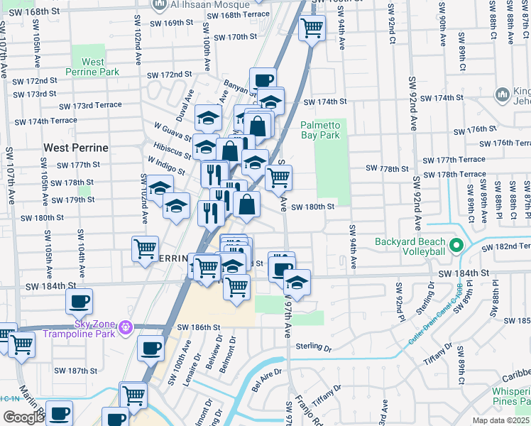 map of restaurants, bars, coffee shops, grocery stores, and more near 9710 East Indigo Street in Palmetto Bay