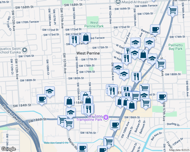 map of restaurants, bars, coffee shops, grocery stores, and more near 10322 Southwest 180th Street in Miami