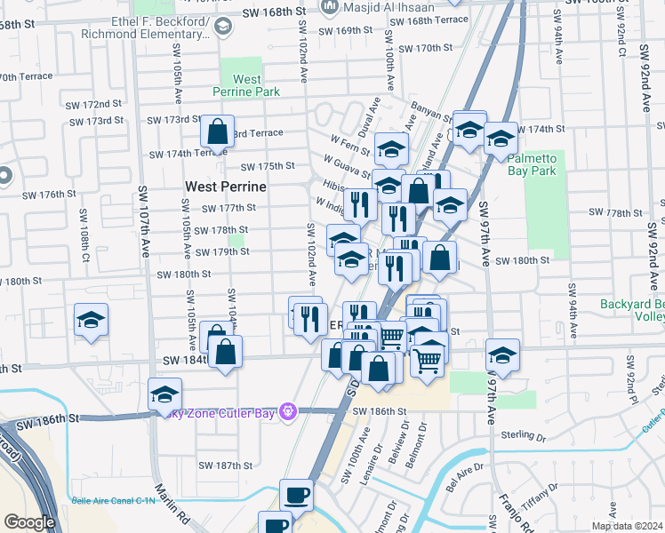 map of restaurants, bars, coffee shops, grocery stores, and more near 18050 Homestead Avenue in Miami
