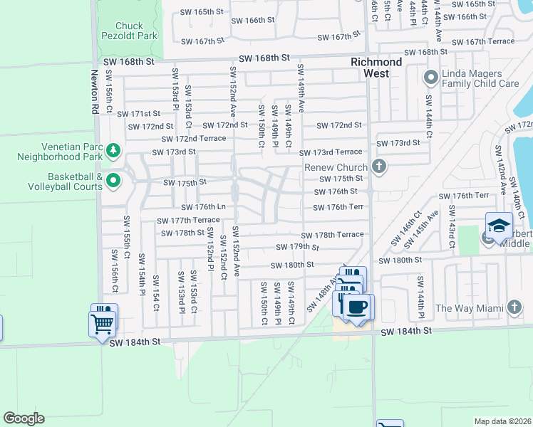 map of restaurants, bars, coffee shops, grocery stores, and more near 17701 Southwest 150th Court in Miami
