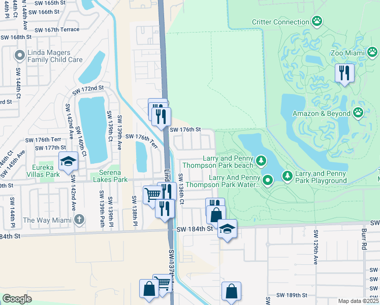 map of restaurants, bars, coffee shops, grocery stores, and more near 13601 Southwest 178th Street in Miami