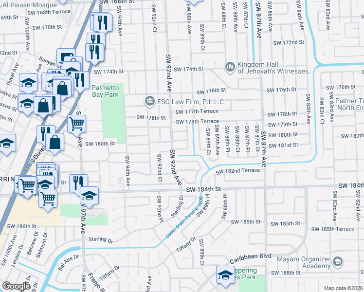 map of restaurants, bars, coffee shops, grocery stores, and more near 18101 Southwest 92nd Avenue in Palmetto Bay