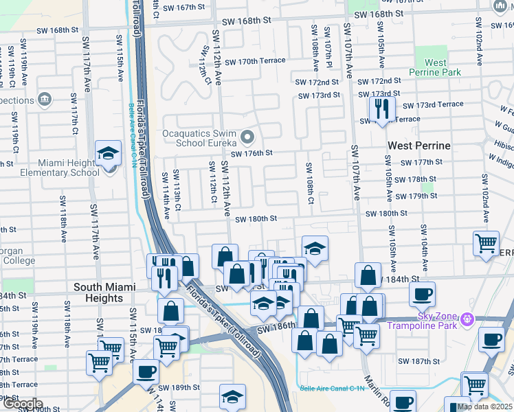 map of restaurants, bars, coffee shops, grocery stores, and more near 11045 Southwest 180th Street in Miami
