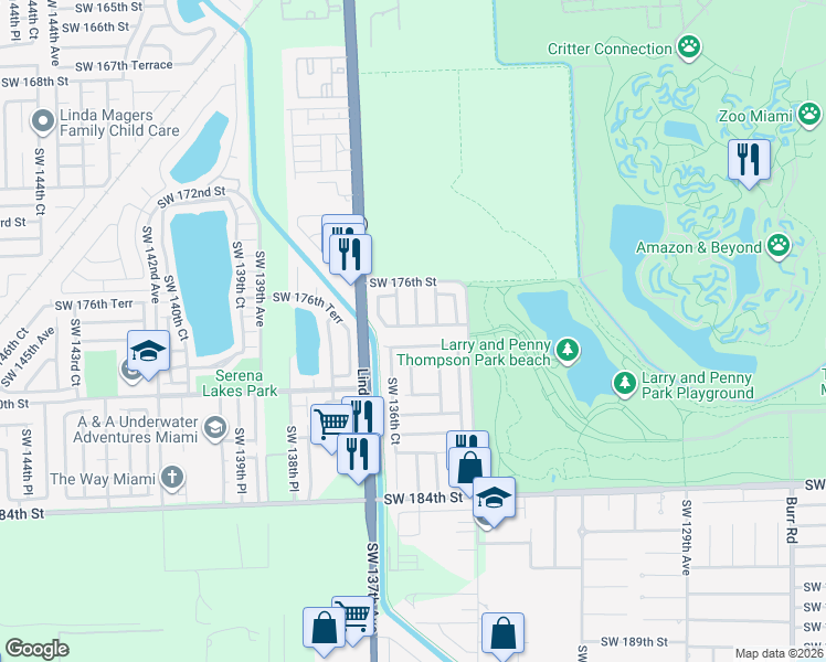 map of restaurants, bars, coffee shops, grocery stores, and more near 13601 Southwest 178th Street in Miami