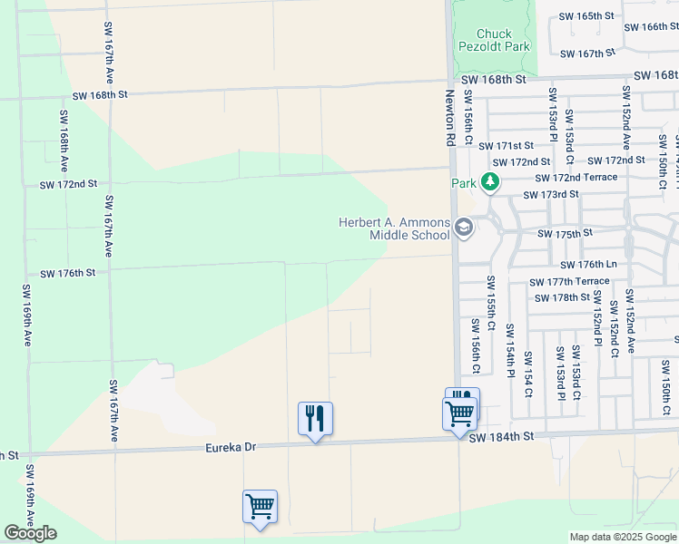 map of restaurants, bars, coffee shops, grocery stores, and more near 17625 Southwest 160th Avenue in Miami
