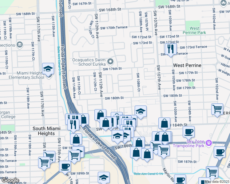 map of restaurants, bars, coffee shops, grocery stores, and more near 11045 Southwest 180th Street in Miami