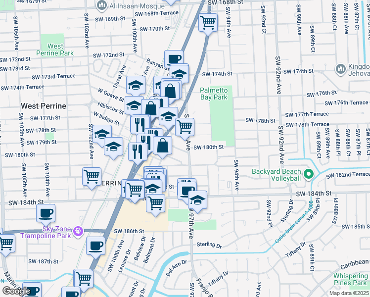 map of restaurants, bars, coffee shops, grocery stores, and more near 9710 East Indigo Street in Palmetto Bay