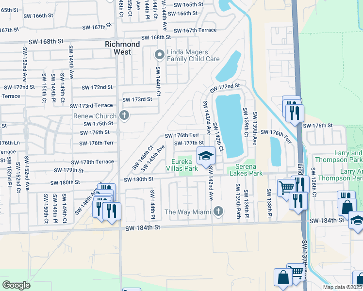 map of restaurants, bars, coffee shops, grocery stores, and more near 14310 Southwest 177th Street in Miami