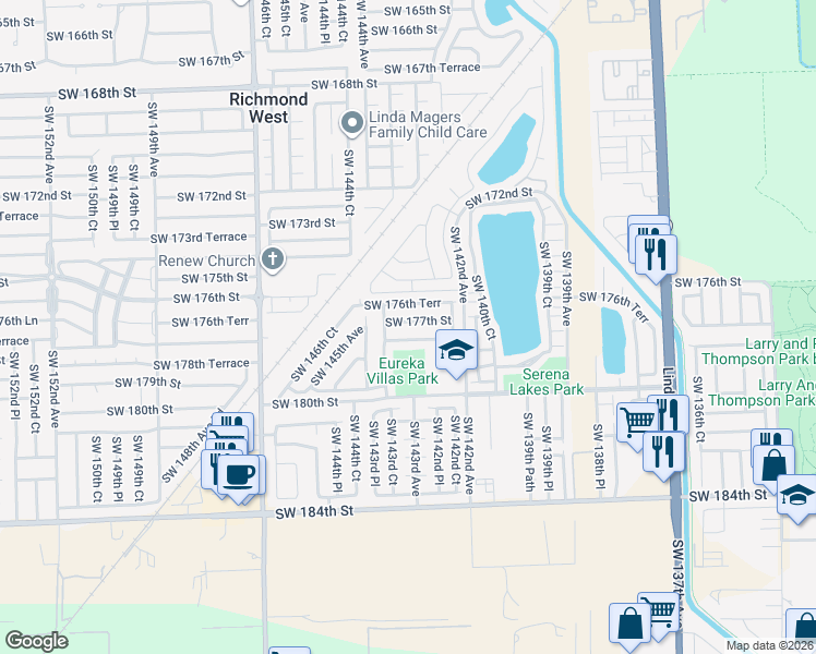map of restaurants, bars, coffee shops, grocery stores, and more near 14286 Southwest 177th Terrace in Miami