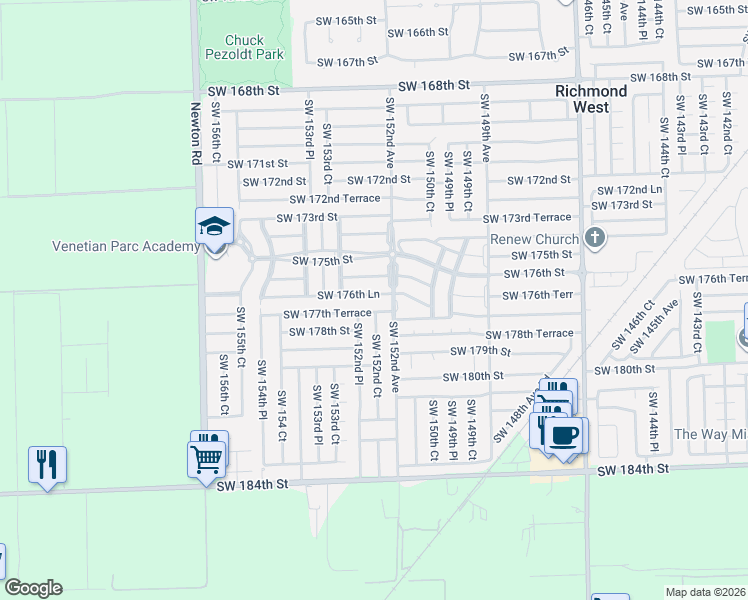 map of restaurants, bars, coffee shops, grocery stores, and more near 17732 Southwest 152nd Court in Miami