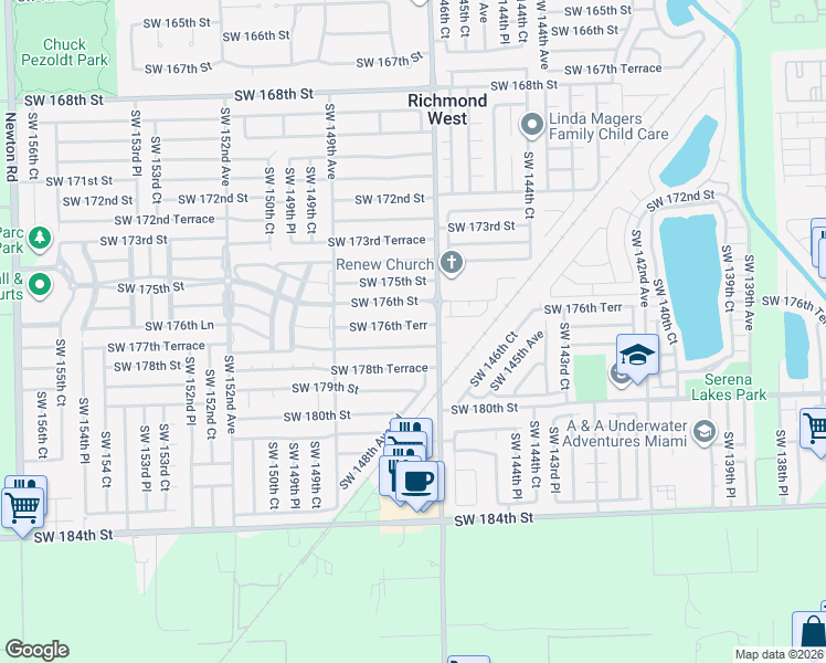map of restaurants, bars, coffee shops, grocery stores, and more near 14784 Southwest 177th Terrace in Miami