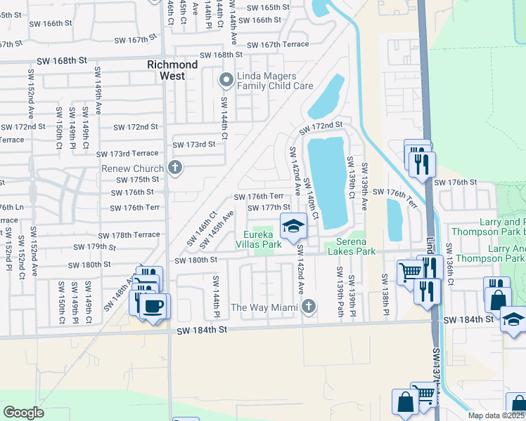 map of restaurants, bars, coffee shops, grocery stores, and more near 14286 Southwest 177th Terrace in Miami