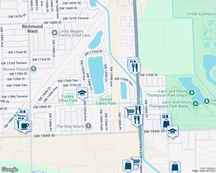 map of restaurants, bars, coffee shops, grocery stores, and more near 17731 Southwest 139th Court in Miami