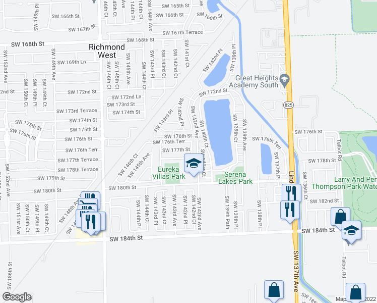 map of restaurants, bars, coffee shops, grocery stores, and more near 14222 Southwest 177th Street in Miami