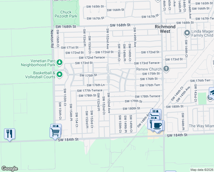 map of restaurants, bars, coffee shops, grocery stores, and more near 15141 Southwest 177th Terrace in Miami