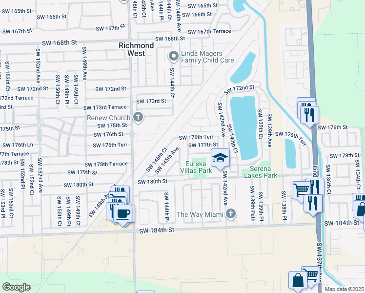 map of restaurants, bars, coffee shops, grocery stores, and more near 17743 Southwest 144th Avenue in Miami