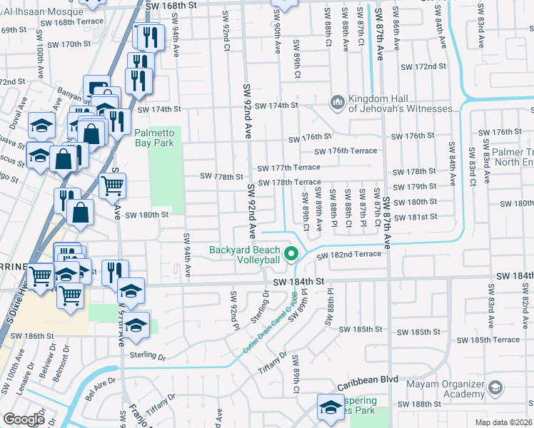 map of restaurants, bars, coffee shops, grocery stores, and more near 18101 Southwest 92nd Avenue in Palmetto Bay