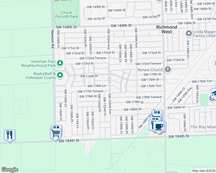 map of restaurants, bars, coffee shops, grocery stores, and more near 15141 Southwest 177th Terrace in Miami