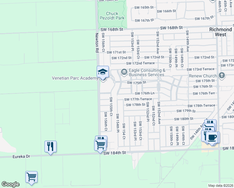 map of restaurants, bars, coffee shops, grocery stores, and more near 17400 Southwest 154th Place in Miami
