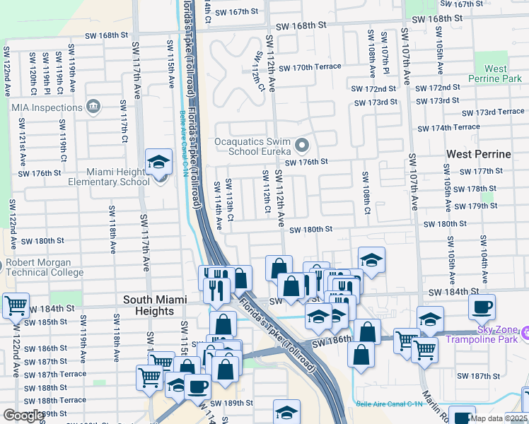 map of restaurants, bars, coffee shops, grocery stores, and more near 11270 Southwest 179th Street in Miami