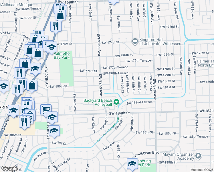 map of restaurants, bars, coffee shops, grocery stores, and more near 18101 Southwest 92nd Avenue in Palmetto Bay