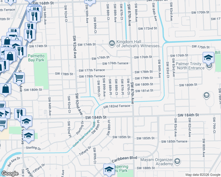 map of restaurants, bars, coffee shops, grocery stores, and more near 17922 Southwest 88th Place in Palmetto Bay