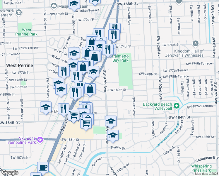 map of restaurants, bars, coffee shops, grocery stores, and more near 17917 Franjo Road in Palmetto Bay